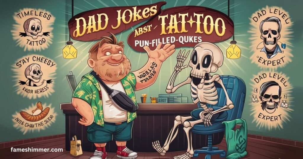 A whimsical cartoon featuring a tattooed man standing next to a skeleton, highlighting an intriguing contrast.