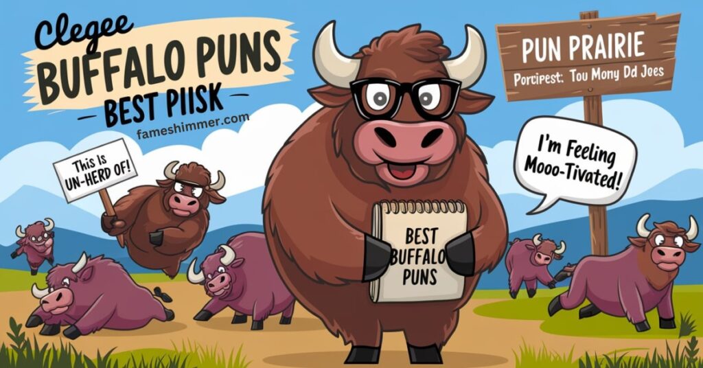 A playful illustration featuring various buffalo puns, showcasing a humorous mix of wordplay and vibrant imagery.