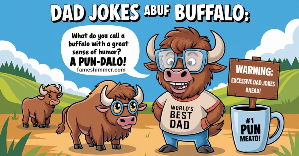 Cartoon buffalo holding a sign that reads "Dad Jokes About Buffalo" in a humorous and playful style.