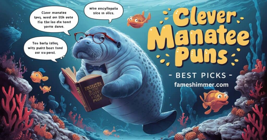 An assortment of witty manatee puns illustrated in a playful manner, highlighting the charm and humor of these marine animals.
