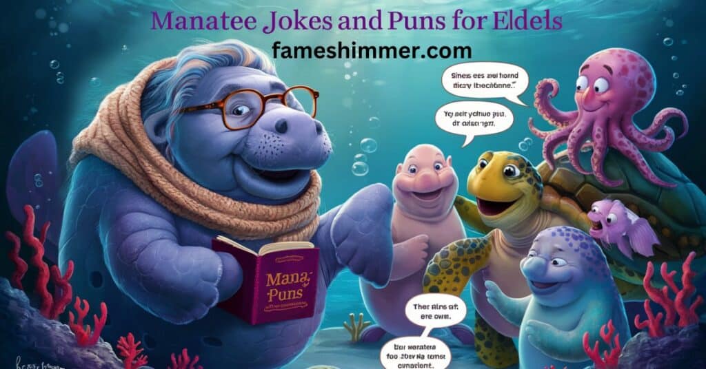 An entertaining depiction of manatees sharing jokes and puns with eels, highlighting a playful interaction in a marine backdrop.