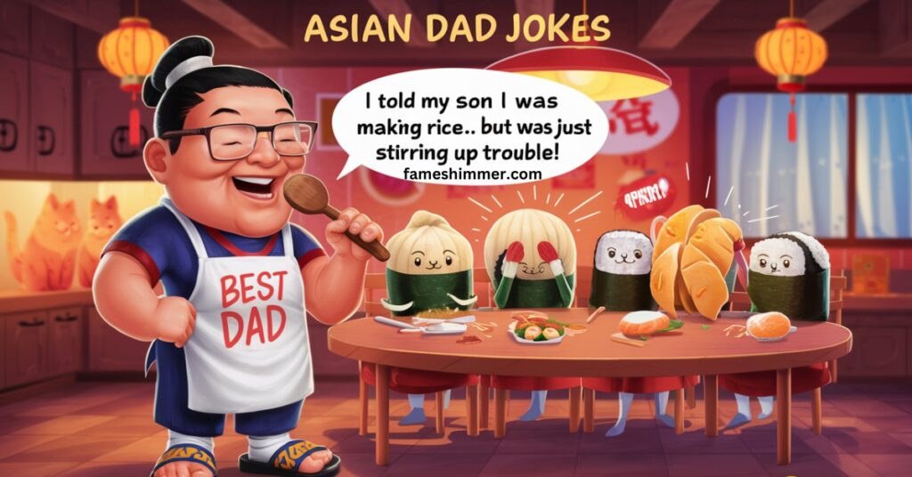 A vibrant assortment of Asian dad jokes presented on cards, featuring clever wordplay and amusing anecdotes for laughter.
